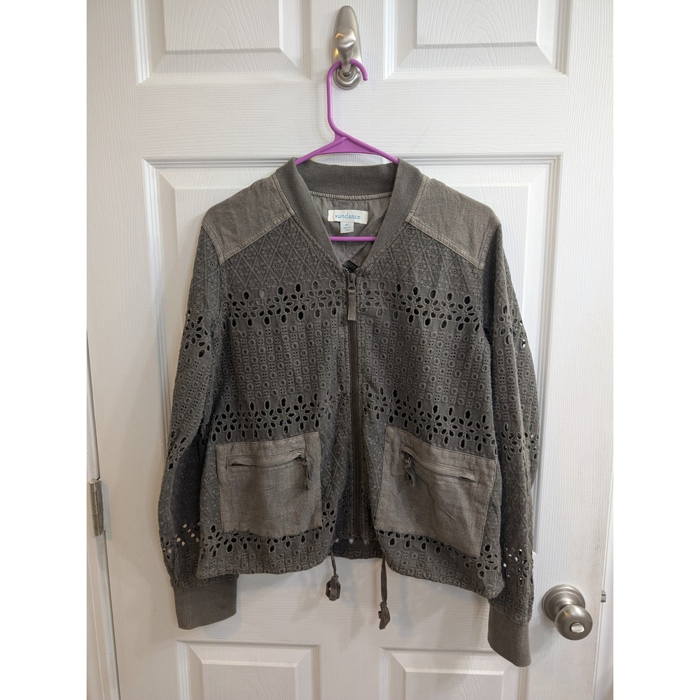 Sundance Olive Green Eyelet Cotton Bomber Jacket Womens Full Zip Boho -‎ Size XS